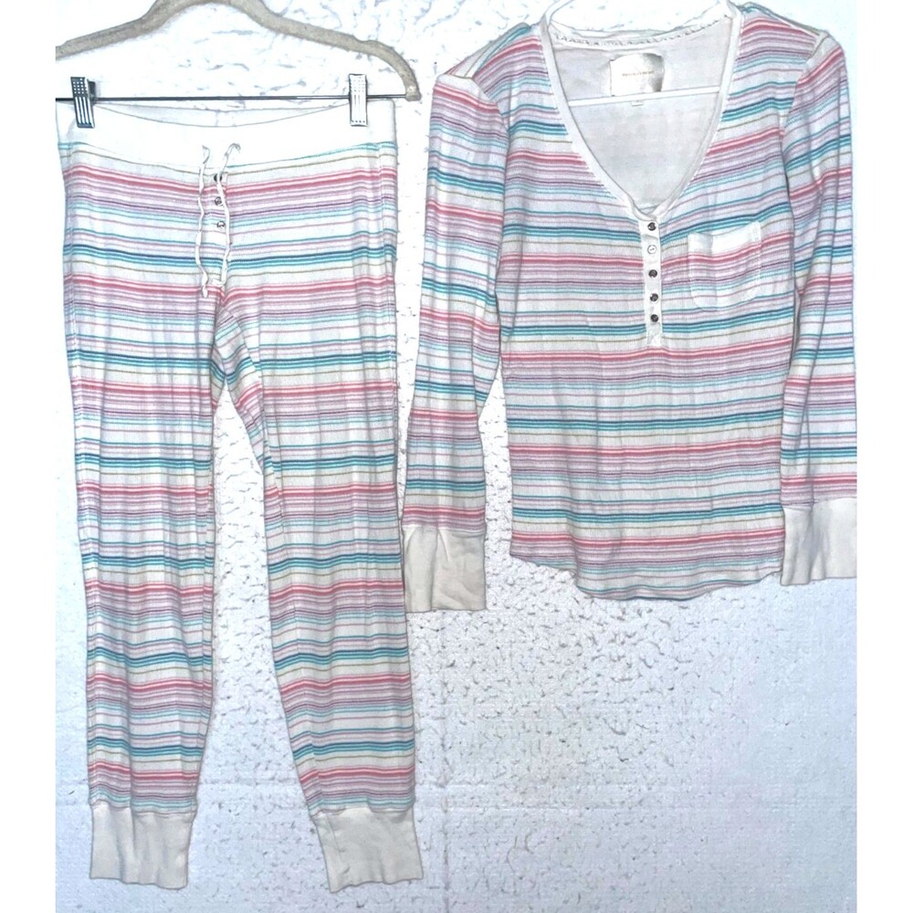 Victoria Secret Rainbow Striped Thermal 2 Pc Long Sleeve Pajama Set S Henley